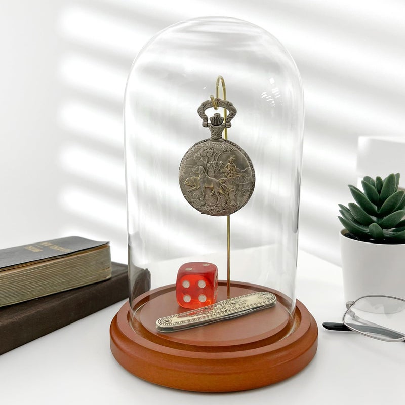 Plymor 4" x 7" Watch/Ornament Glass Display Dome Cloche (Walnut MDF Base & Brass Wire) - Image 2